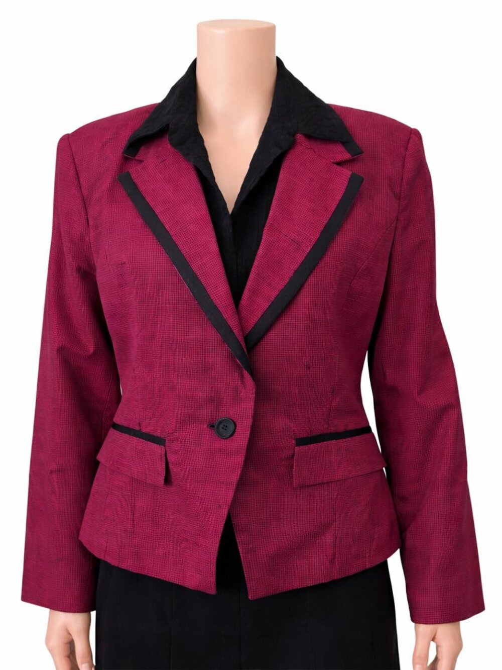 For Pete’s Sake Houndstooth Blazer Black Fuchsia Cotton Linen Womens Size Medium